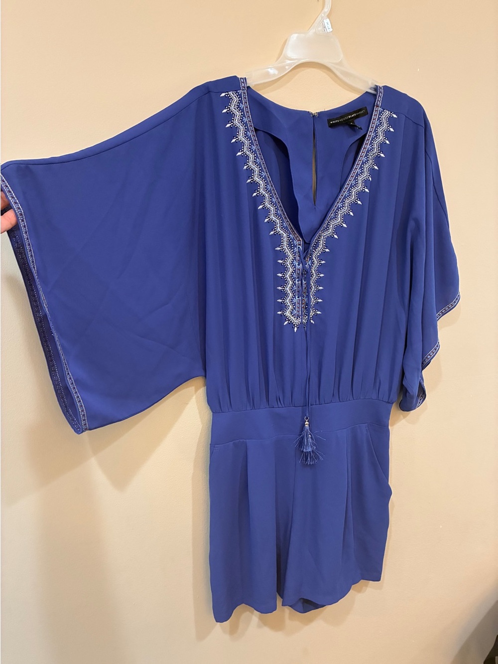 White House Black Market WHBM Embroidered‎ V-Neck  Blue Romper